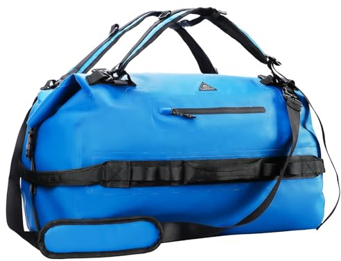 Haimont IPX7 Wasserdichter Rolltop Dry Duffel Bag Reisetasche Rucksack Blau | Seesack 60/90L Größen wasserdicht Tasche Boot Kajak Strand Kanu Camping 500D Tarpaulin, Verschweißte Nähte, Netztaschen