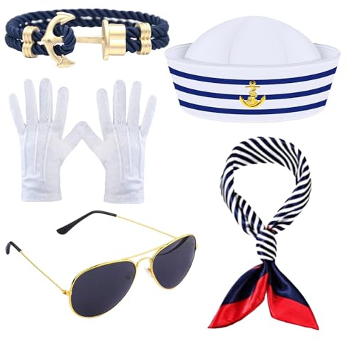 GIEEU 5 pièces Costume de capitaine de yacht,comprenant un chapeau de marin,une écharpe en soie,des lunettes de soleil, un mitaine blanc et un bracelet d'ancre, pour Halloween, cosplay, nautique