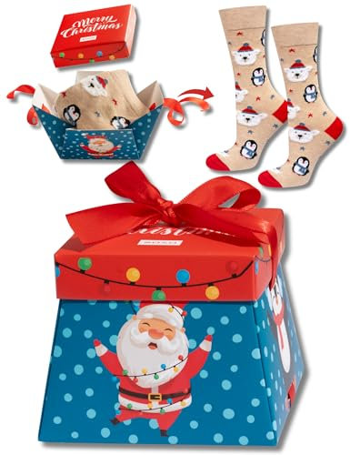 soxo Chaussettes de Noël Pour Hommes Femmes Chaussette Cadeaux Dans Une Boîte Cadeau Avec Nœud Cadeau Pour Noël 35-40 Bleu