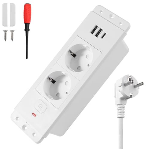 HTTYHT Presa da Tavolo da Incasso con Interruttore e 2 USB Tipo C PD 20W Presa da Tavolo a Scomparsa 2 Presa di Corrente da Incasso con Cavo 1,7M Presa Multipla per Mobili o Superfici di Lavoro-Bianco