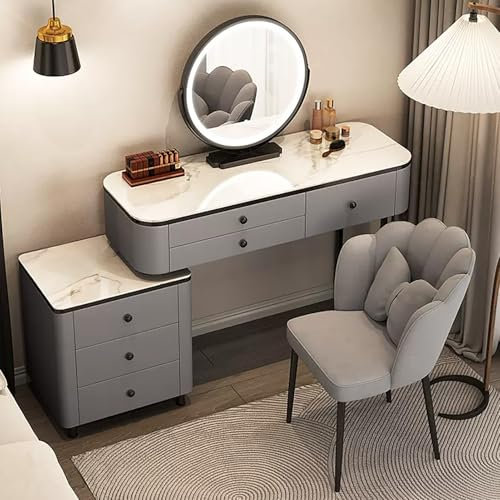 Make-up-Schreibtisch mit 360° drehbarem Spiegel, Beistellschrank und Stuhl, graues Schminktisch-Set für Frauen im Schlafzimmer, Steinplatte, Schminktisch (80 cm)