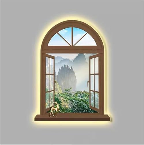 FLTRGO 3D Beleuchtete Wandkunstdekoration, Wandskulpturen Wandhängekunst Mit LED -Licht, Gefälschter Fensterrahmen Blick Auf Das Sonnenlicht Über Der Hügellandschaft, Dekoration Lampenmalerei