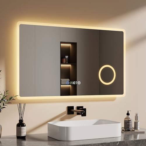 EMKE Badspiegel mit Beleuchtung 100x60cm, Uhr | Badezimmerspiegel mit Touchschalter, 3 dimmbare Lichtfarben, 3-Fach Kosmetikspiegel, IP44, einfache Wandmontage