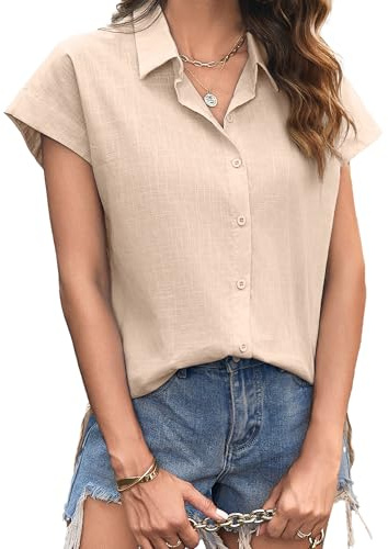 Zeagoo Muslinblus damer sommar kortärmad linneblus ledig v-ringad sommarblus 100 % bomull överdimensionerad skjorta blus elegant linneblusar, A-champagne, L