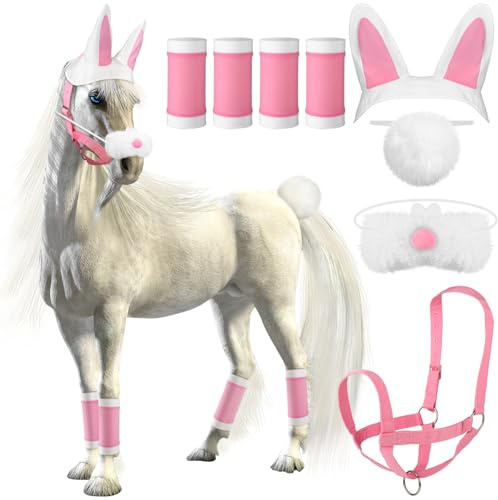 Abbylike 8 Pcs Easter Costumes for Horse Bunny Ears Headband Halter Saddles Horse Leg Wraps Rabbit Tail for Easter Costume Accessories