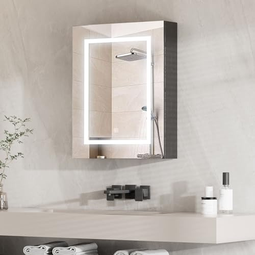 Spiegelschrank bad mit Beleuchtung und Entnebelungsfunktion schwarz | Badschrank hängend mit Spiegel und 3 Einlegeböden für Badezimmer modern (60x13x76cm mit Anti-fog-Schwarz)