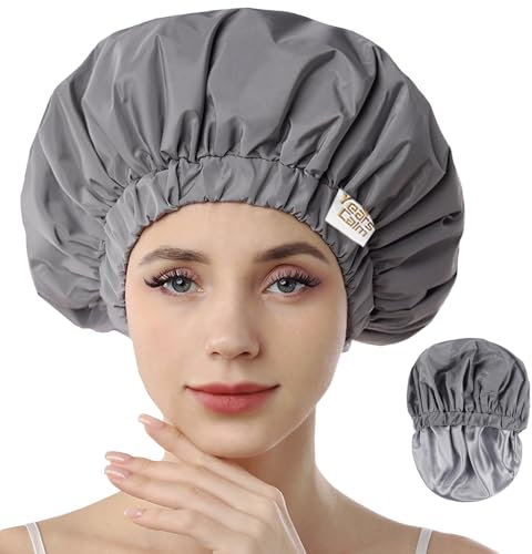 ears Calm Bonnet de douche imperméable réutilisable pour femme, bonnet de douche pour douche, design élastique double couche, pour toutes les coiffures, facile à transporter (gris)