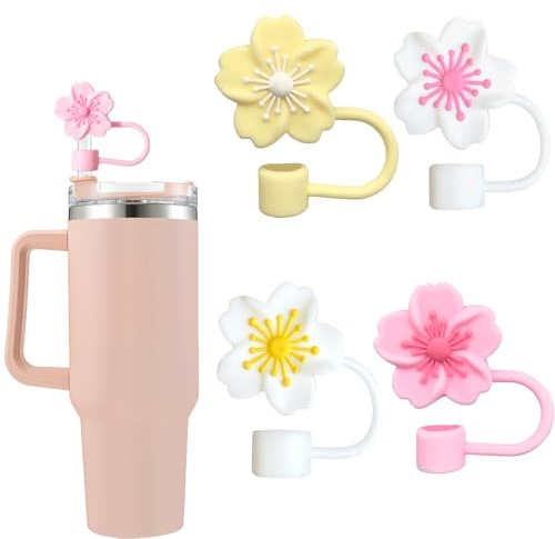 jatimdotin 4Pcs Silicone Straw Covers Cap for Stanley Cup | 10mm Straw Topper, 4 Flower Colors, Reusable, Dust-Proof, for Stanley Cup 40/30 Oz Straws
