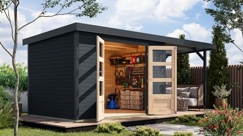 CHILLROI® Karibu Gartenhaus Hollywood aus Metall + Holz, in 2 Größen und 3 Farben, optional mit Anbaudach (anthrazit, XXL - mit Anbaudach)
