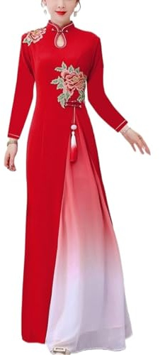 SXTYYH Traditional Vietnamese Dress for Women Long Chinese Dresses Summer Cheongsam Dress Embroidery Qipao(M,Red)
