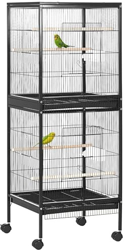 PawHut Jaula para Pájaros con Ruedas Jaula Grande de 2 Niveles Pajarera con Bandejas Extraíbles Puertas Comederos Perchas para Canarios Periquitos 51,5x50x140 cm Negro