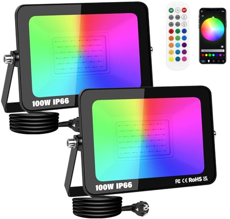 PICAA 2x 100W Projecteur LED RGB Exterieur APP Télécommande, 10000LM | Couleur RGBW Lumière de Projecteur, 16 Million Couleurs, Minuteur, Spot Led pour Jardins, Patios, Fête