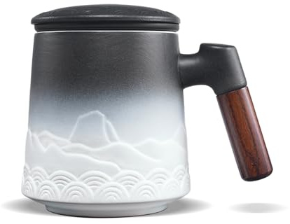 ZENS Tazza da tè con infusore e coperchio, 500 ml – Tazza in ceramica goffrata per tè in foglie, manico in legno – tazza con filtro per amanti del tè, bianco e nero