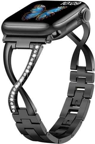 Sixmoat Metallarmband Kompatibla med Apple Watch Armband för kvinnor 42mm 44mm 45mm 46mm 49mm Glittrande X-format Ersättningsarmband för iWatch Ultra SE Serie 10 9 8 7 6 5 4 3 (Svart)