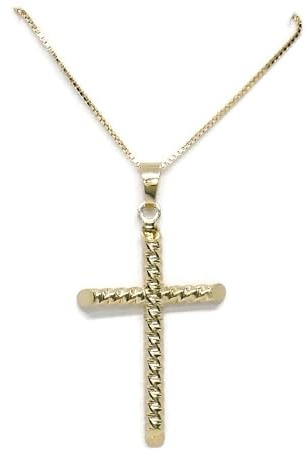 Never Say Never Preciosa cruz con cadena de oro amarillo brillo de 18K con tubo redondo enroscado de 2mm de grosor y brazos terminados en flauta. Ideal comunión.