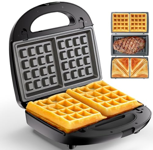 KEENSTAR - Sandwichera eléctrica 3 en 1, waflera con platos antiadherentes extraíbles, parrilla con calefacción de doble cara, fácil de limpiar y almacenar, perfecta para cocinar el desayuno, queso a