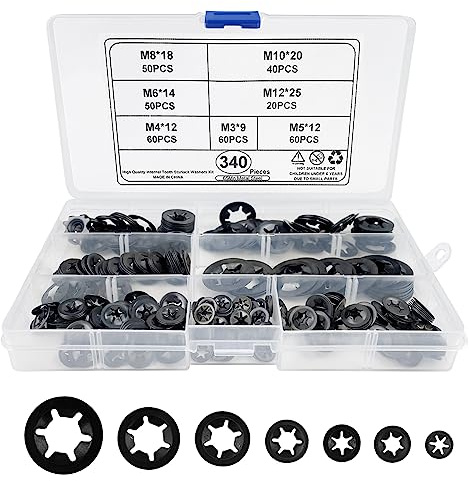 Dunkwckore 340 Piezas Arandelas Metalicas Bloqueo, Arandelas de Dientes Internos M3 M4 M5 M6 M8 M10 M12 Velocidad Clip Rápida Sujetad Arandelas de Seguridad de Estrella