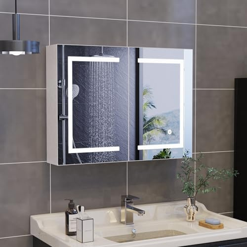 Armoire de Toilette Miroir avec Éclairage LED 80x13.5x60cm Armoire Murale Salle de Bain avec Étagère Réglable,Contrôle Tactile, Luminosité Réglable,Armoires de Salle de Bain avec Miroir,Blanc