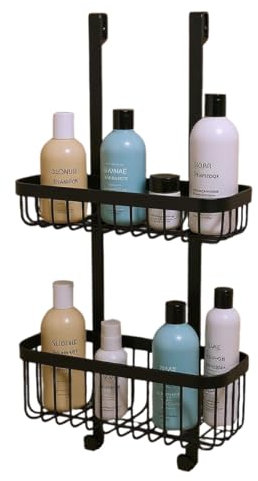 Amig - Estantería de Ducha Colgante – Organizador de Baño con 2 Niveles para Mampara – Cesta Sin Taladro para Gel, Champú y Accesorios de Baño - Negro - Acero Inoxidable