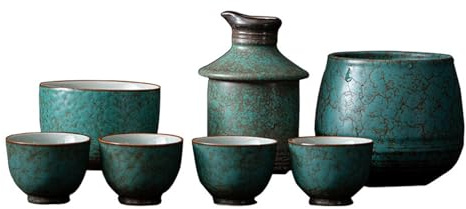 CVNIMV 7-teiliges Japanisches Sake-Set mit Stövchen, handgefertigten Weingläsern aus Keramikmaterialien, 1 Sake-Flasche und 4 Sake-Bechern für kalten Sake, warmen Sake, Shochu und Tee