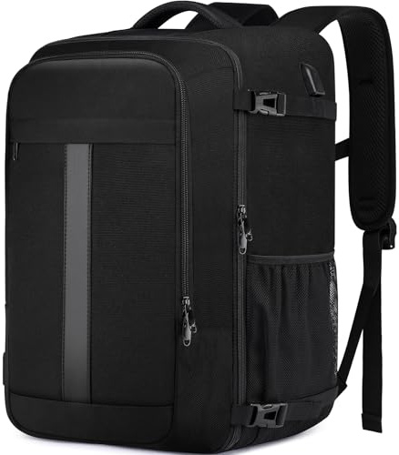 PUSLOM Handgepäck Rucksack 55x35x25 cm (48L) für Air France, Schwarz, USB-Ladeanschluss, Laptopfach, 2 Rollen, Weich, nicht wasserfest