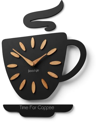 FLEXISTYLE Wanduhr in Kaffeetassen Form aus Holz, Wanduhren für Küche und Esszimmer, im Kaffee Design für Moderne Einrichtung und Stilvolle Wanddeko, küchenuhr ohne tickgeräusche schwarz modern