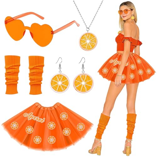 Set de Disfraz de Naranja para Mujer - Tutu Faldón Naranja con Gafas de Corazón, Pendientes, Collar y Polainas, Disfraz de Aperol para Carnaval, Fasching y Fiestas Temáticas