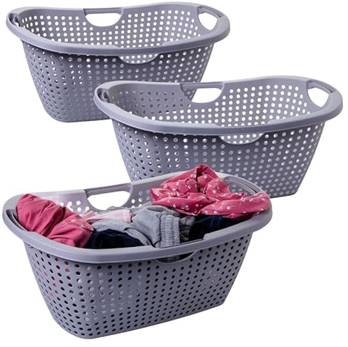 Livinja Wäschewanne 3er Set Grau mit Griffen - Wäschekorb 60x40x26cm Belüftungslöcher Made in EU - Wäschesammler Kunststoff Stapelbar für Badezimmer