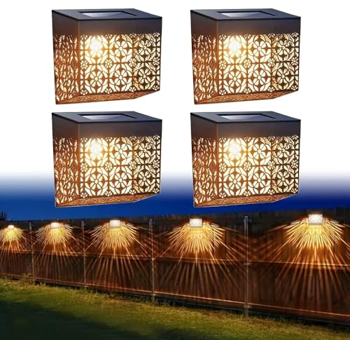 WRQIOO 4Pack Solar Moroccan Wall Lights, Garden Fence Lights Solar Powered, Waterproof Decorative So-lar Fence Lig-hts Outdoor Garden for Gar-den Post, Deck Step, Patio, Backyard, Yard