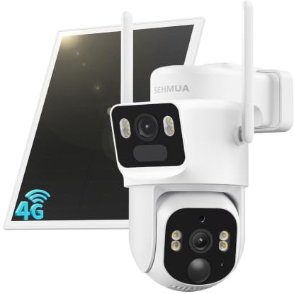 SEHMUA Cámara 4G Exterior Solar con Tarjeta Sim（Doble Lente） 2K+2K | Cámara de Vigilancia Inalámbrica con Detección Humana por IA, Alarma de Luz y Sonido, Visión Nocturna a Color, PTZ 360°, IP65