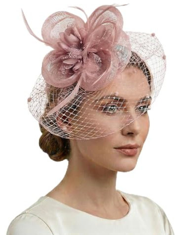 YANFALE Fascinators for Women, Wedding Hair Accessories, Fascinator Headband Clip with Feather Flower Mesh for Ladies Race Royal Ascot Cocktail Tea Party Headwear (Pink)