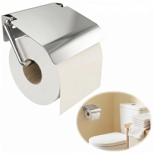 Toilettenpapierhalter ohne Bohren Selbstklebend oder Schrauben mit Deckel | Rostfreier Klopapierhalter für Bad & Gäste-WC