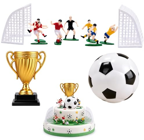 Football Cake Topper, Football Cake Decorations Set, Plastic Football and Trophy Figures, Red and Yellow Football Player Cake Toppers for Party Celebrations, 11 Piece Football Theme Cake Decorations