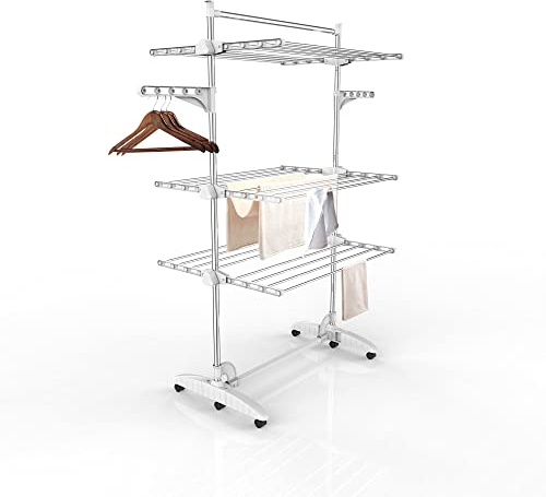 Todeco Wäscheständer Turm Klappbar, Wäscheturm 3 Ebenen aus Edelstahlrohre, Turmtrockner mit 6X Rollen, Flügel, Obene Stange, Mobiler Turmwäscheständer für Balkon Wohnzimmer Badewanne,Weiß