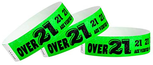 500 WristCo Over 21 Green - Tyvek Wristbands for Events - ¾” x 10” - Waterproof Recyclable Comfortable Tear Resistant Paper Bracelets Wrist Bands for Concerts Festivals Admission Party