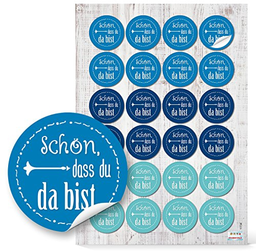 Logbuch-Verlag 24 Schön, dass du da bist Aufkleber blau türkis weiß Ø 4 cm Hochzeit Geburtstag Gäste WillkommenTaufe Tischdeko Gastgeschenk