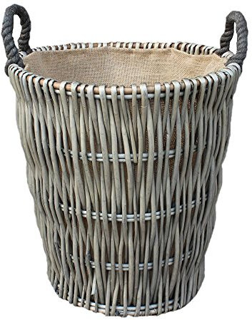 Red Hamper Tall Grey Round Hessian Lined Wicker Log Basket, Brown, H32 x W43 x D49cm