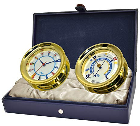 Master-Mariner American Voyager Collection, Nautical Windlass Gift Set, 5.85” Diameter Clock and Barometer Instruments, Gold Finish, Ivory Signal Flag dial