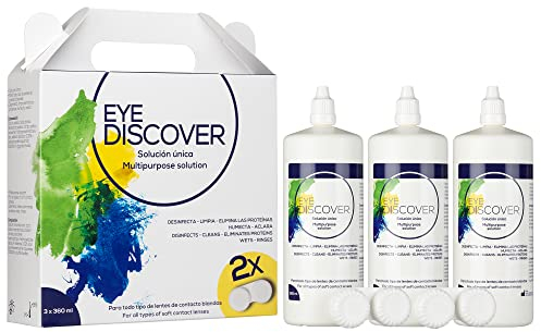 EYE DISCOVER, Kontaktlinsen Fluessigkeit, Desinfektion, Reinigung, Beseitigung von Proteinen, Befeuchtung, Spülung, 3 Flaschen mit 360 ml und 2 Kontaktlinsenbehälter