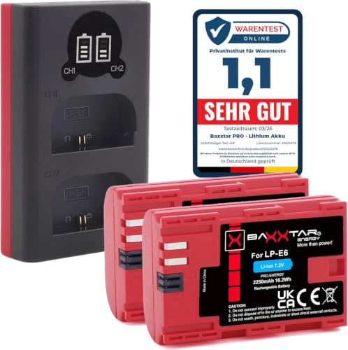 Baxxtar 2x LP-E6 batteria 2250mAh con caricatore Dual (LCD USB-C Micro-USB) compatibile con Canon EOS 5D Mark II III IV 5DS R R5 6D 7D 60D 60Da 70D 80D 90D XC10 XC15 XC 10 15 WFT-E5 E7 LPE6 LP E6