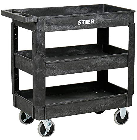 STIER Kunststoff-Vielzweckwagen, 3 Etagen, 250kg Tragkraft, 87x43x85cm, 2 Feststeller, Montagewagen, Werkzeugwagen, Rollwagen robust, Tool cart, Mehrzweckwagen