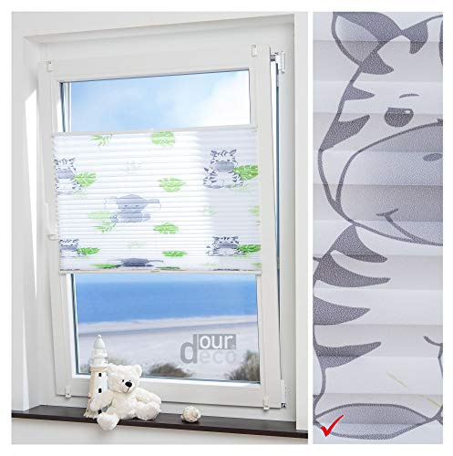 ourdeco® Plissee Motiv Hanni und Luc / 90 x 130 cm (Breite x Höhe) / Farbe: weiß mit Kindermotiv/lichtdurchlässig, Motiv für Kinder/Klemmen, Montage ohne zu Bohren, Klemmfix-Plissee