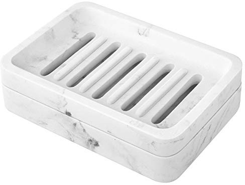 MoKo Harz Seifenhalter, Doppelschichtige Seifenschale Schnelltrockende Seifenablage mit Abnehmbarem Ablaufbehälter Seifenbehalter für Küche Badezimmker Dusche - Weißer Marmor