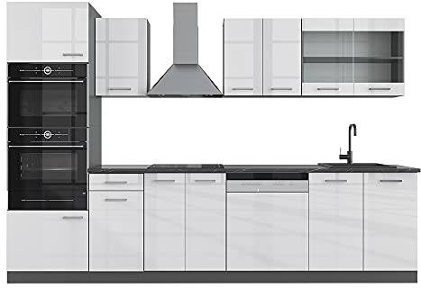Vicco Küchenzeile R-Line, Weiß Hochglanz, 300 cm