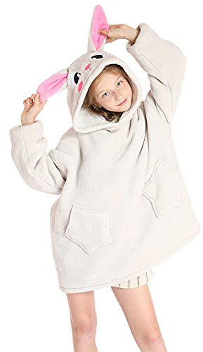 JOREAY överdimensionerad filt för barn, sherpa bärbar filt fluffig gigantisk bekväm tröja med huva för barn tonåringar, Kanin, One Size