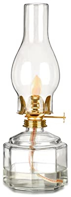 Transparent oljelykta i glas - vindtät lampskärm, hushåll stormlykta - traditionell antik fotogenlampa i retrostil, för strömavbrott, kantig bas i glas oljebehållare, nödlykta