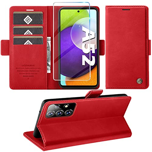 Giyer Handyhülle für Samsung Galaxy A52/A52S 4G 5G Hülle mit Schutzfolie, Standfunktion Kartenfach Wallet Premium Leder Schutzhülle A52S Flip Case Cover Stoßfeste Klapphülle (Red)