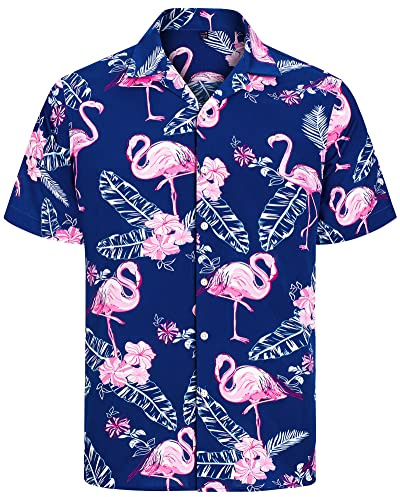 J.VER Hawaiian Shirt Short Sleeve Shirts Men Summer Blue Flamingo Beach Holiday Party Regular Fit Casual Aloha Tropical Flower Ugly Button Down Tops L