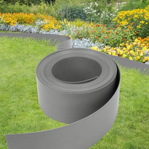Randaco Rasenkante Kunststoff Grau 50 m (100/2 mm) Flexible Beeteinfassung Beetumrandung Mähkante Gartenumrandung für Kurven Blumenbeet Umrandung unsichtbar