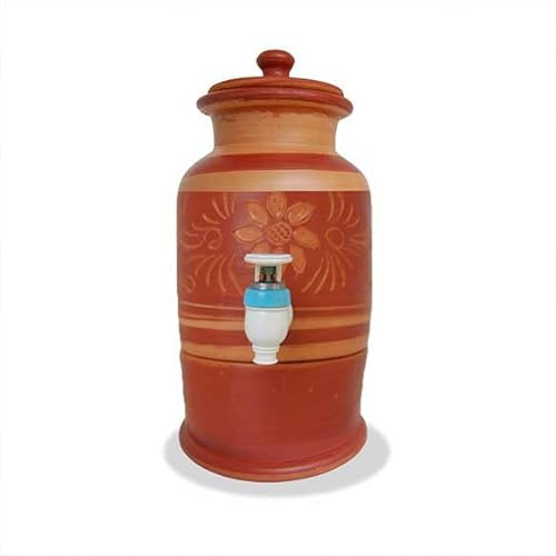 100% Handmade Flower Design 2L Small Natural Clay Water Dispenser with Stand, Healthy Water Drinking Kitchen Tank, Table Decor Earthenware Water Container with Tap
